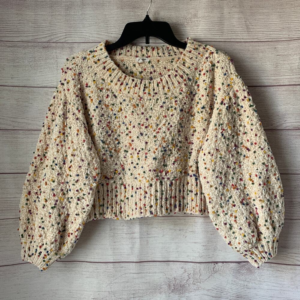 En Creme Cream Confetti Cropped Knit Sweater Long Baloon Sleeves Rainbow M/L
